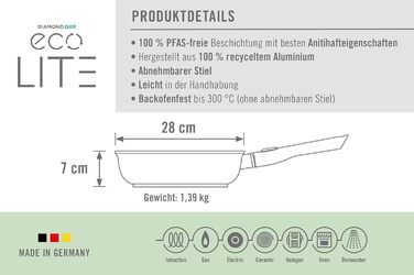 Сковорода Woll Eco Lite QXR з високим бортиком - індукційна, Ø 28 см, 7 см висота, знімний ручка. Підходить для всіх типів плит, без PFAS, 100% перероблений алюміній, можна використовувати в духовці, чорна