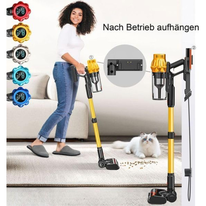 Бездротовий акумуляторний пилосос KESSER® з LED дисплеєм, до 70 хв роботи | Бездротовий пилосос без мішка з антизаплутувальною насадкою для твердих поверхонь, килимів та шерсті тварин (Помаранчевий / Жовтий)