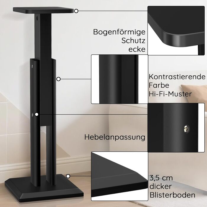 Підставка для акустики 65-85см, регульована по висоті, дерев'яна, для сателітної акустики, 4-10 дюймів, 20кг, 2 шт., чорний