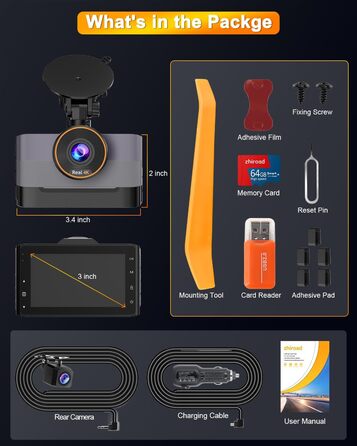 Відеореєстратор Auto Dashcam 4K+1080P з Wi-Fi, 64GB, IPS 3' екраном, Нічне бачення, G-сенсор, Loop-запис, 170°+140° Кут огляду, Паркінг 24/7, Керування через App, Підтримка до 256GB