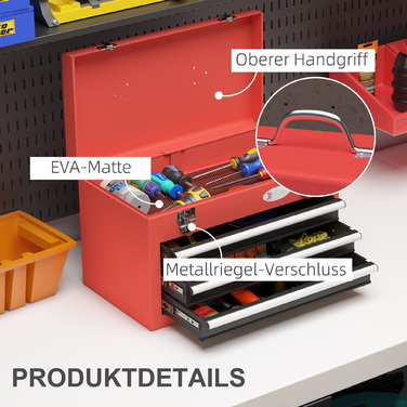 DURHAND Empty Tool Box, 45 x 24 x 27 cm Tool Box with 3 Drawers, Upper Storage Compartment, Handle, Tool Case with 2 Locks, Steel, Red | Aosom