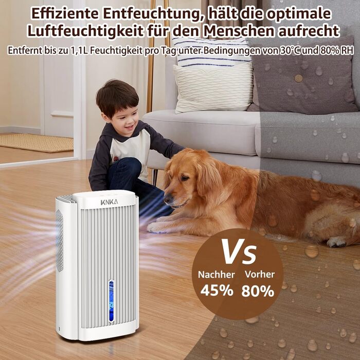 Електричний осушувач повітря KNKA, 1.1 л, тихий (28dB), для дому, ванної, підвалу, з автовимкненням та нічним режимом, кольорове нічне підсвічування (білий)