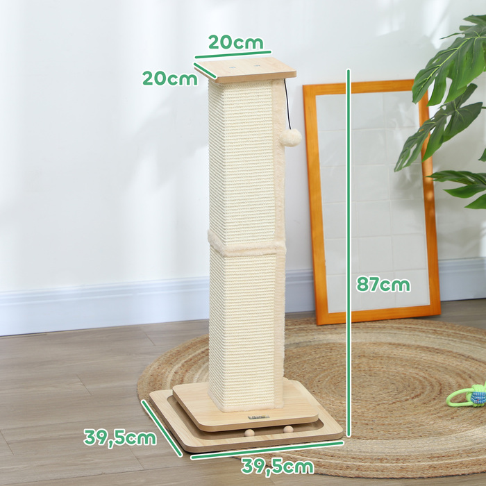 PawHut 3-in-1 Scratching Post, 87cm Scratching Column, Sisal Cat Scratching Tree with Play Ball, Scratching Post for Cats, Cat Scratching Furniture, Indoor, Oak | Aosom