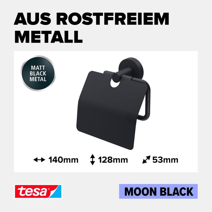 Тримач для туалетного паперу tesa Moon Black з кришкою, матовий чорний, настінний без свердління, з клеєм, 53x140x128 мм