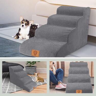 4-Step Dog Stairs, 50cm High Sponge Pet Stairs for Dogs and Cats, Non-Slip Pet Ladder Cat Stairs with Washable Cover for Sofa Bed, Grey