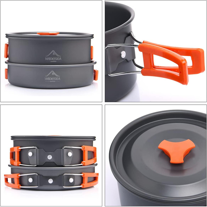 Набір посуду для кемпінгу WIDESEA на 2-3 особи, антипригарне покриття, сковорода, каструля та чайник, набір мірний, для походів/трекінгу/пікніків на природі (світло-сірий)