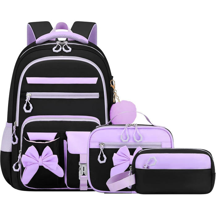 Шкільний рюкзак для дівчаток 3 в 1: рюкзак, ланч-бокс, пенал. Kawaii дизайн, 3-7 клас, для гімназії. Антикрадіжна сумка, 24L, фіолетово-чорний колір.