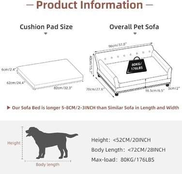 Софа для собак BingoPaw Luxus: велика, ортопедична, з водонепроникного дихаючого шкірозамінника, 120x74x40 см