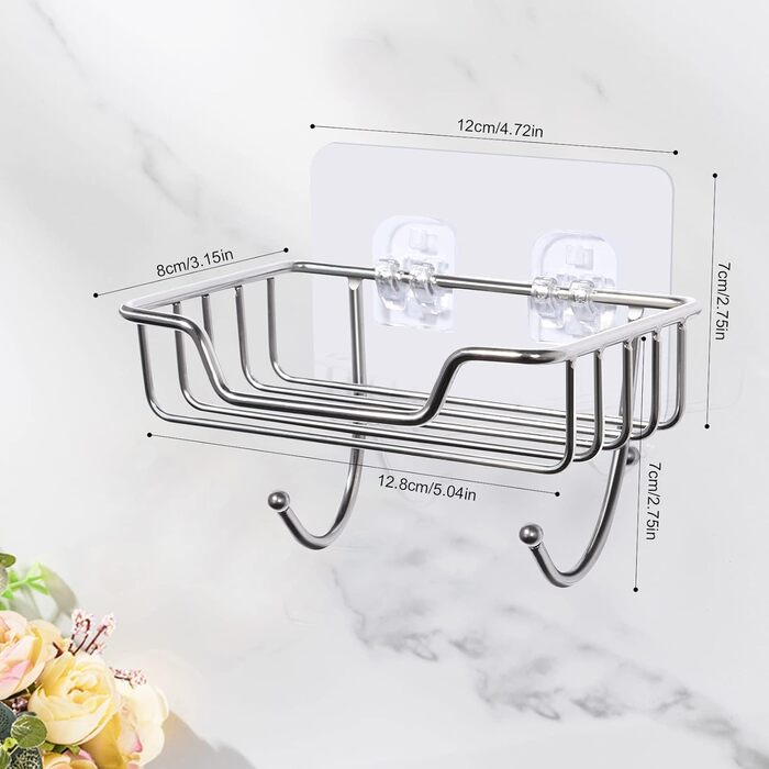 Тримач для мила без свердління Uten, нержавіюча сталь, самоклеючий, з 2 гачками, для мила та губки, для душу, ванної кімнати, кухні, сріблястий