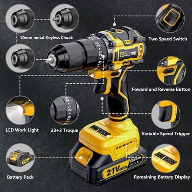 Акумуляторний шуруповерт 21V з набором 2 акумулятори 2.0Ah, 55Nm, 23+3 ступені, 10мм патрон, 2 швидкості, LED-ліхтик, 24шт аксесуарів та кейс для дому та саду