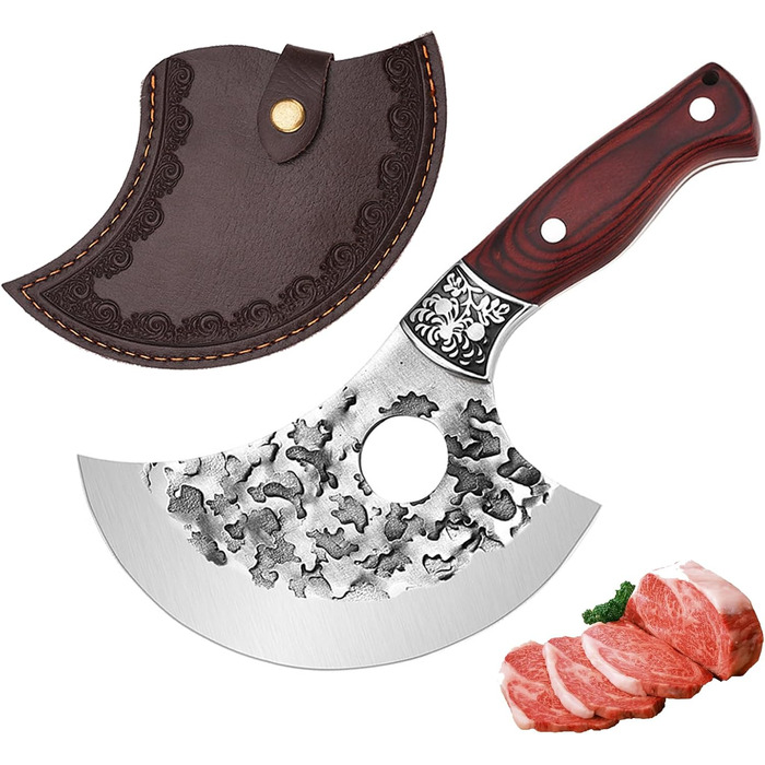 Японський ніж Doklasu для обробки м'яса, ручної роботи, Full Tang, сталь 5Cr15MoV, з червоним дерев'яним руків'ям та піхвою (10 см, стиль Ulu)