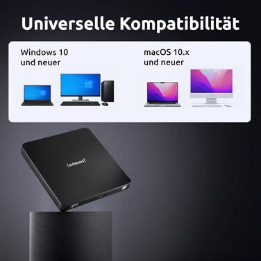 Зовнішній CD/DVD привід-записувач Intenso EOD 400D Slim, USB 3.2 (USB-C та USB-A), для ноутбуків та ПК, Windows та MacOS, чорний