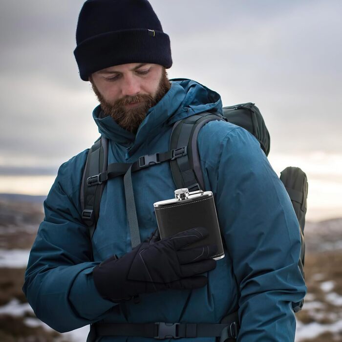 Фляга нержавіюча Kasanni 8oz/230 мл, з келихами та воронкою, чорна шкіряна, для піших прогулянок