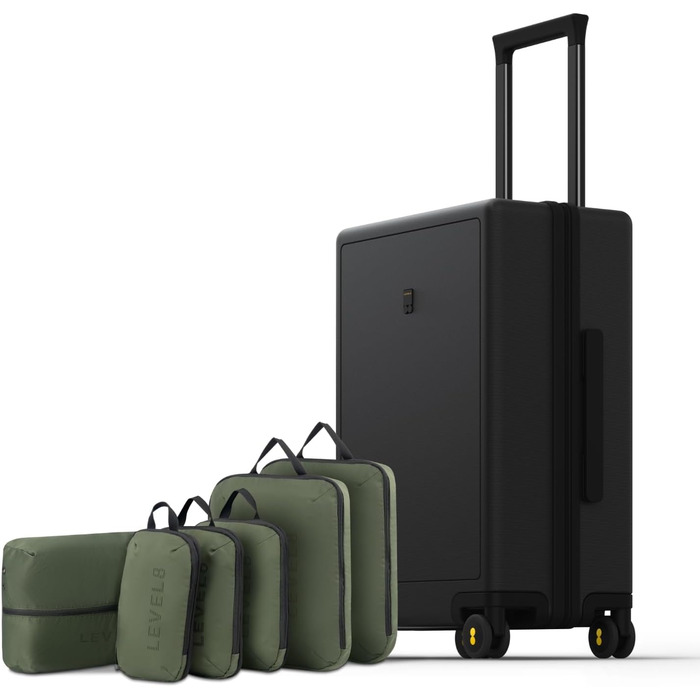 Чемодан-тележка LEVEL8, валіза на коліщатках, валіза з жорстким корпусом, 4 колеса, ручна валіза Spinner, TSA, 100% полікарбонат, мікро-діамантова текстура, великий (66см, 65л, чорний) (A Schwarz, S (54x23.5x37см, 40л) з 6 шт.)