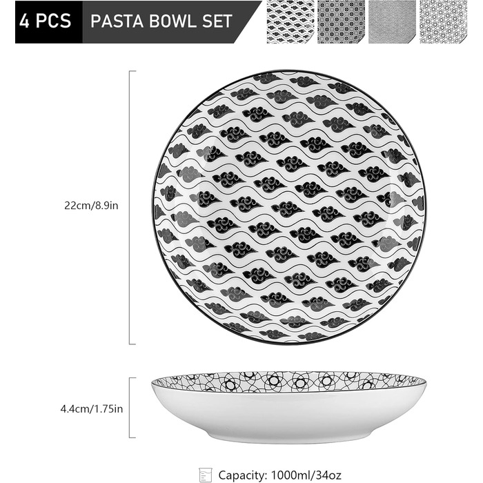 Набір супових тарілок Vancasso HARUKA, 4 шт., 1000 мл, чорний керамічний посуд