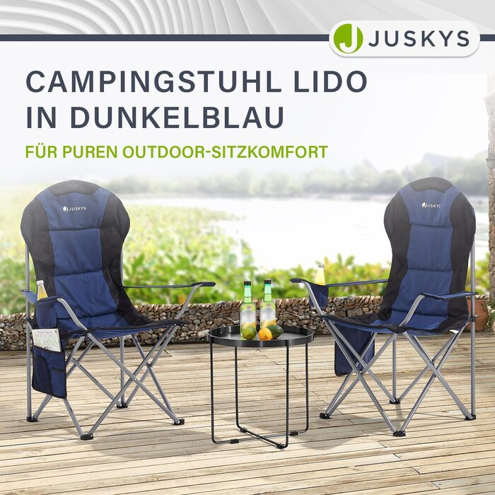 Крісло для кемпінгу Juskys Lido складне з підсклянником, бічною кишенею та сумкою для перенесення. З м'яким сидінням та підлокітниками. 4 кольори (Блакитний)