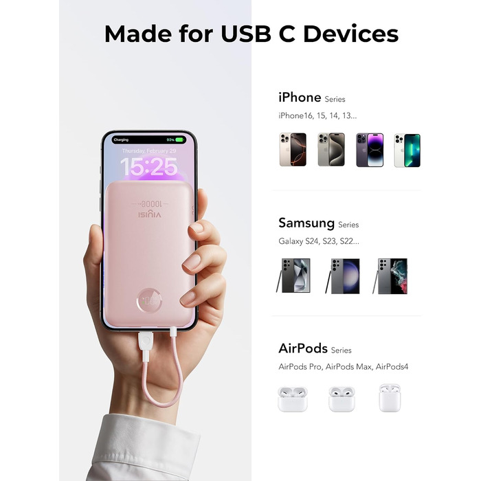 Повербанк VIYISI 10000mAh ультратонкий із вбудованим кабелем USB-C, рожевий
