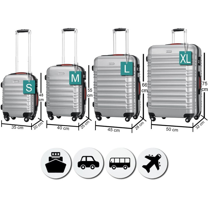 Набір валіз ABS S-M-L-XL з телескопічною ручкою та кодовим замком, срібний