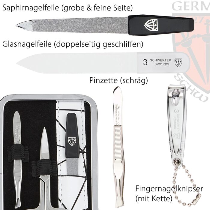 Набір для манікюру DREI SCHWERTER 'Genova' 6 предметів | Німецька якість | Чорний кейс з екошкіри | В комплекті: ножиці, щипці, кусачки, скляний наперсток, пінцет, алмазний наперсток