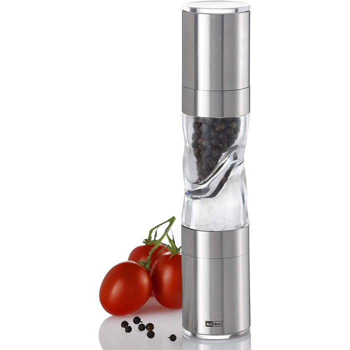 AdHoc DUOMILL PURE MP900 комбінована млинниця для солі та перцю, нержавіюча сталь та акрил, керамічні жорна, подвійна млинниця з ароматозахистом, подарункова упаковка, срібляста