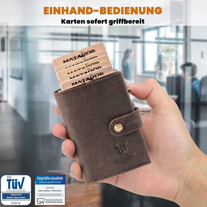 Гаманець Matador Slim Miami з RFID захистом, шкіряний, коричневий - мінімалістичний портмоне для чоловіків з поп-ап механізмом та відділенням для монет