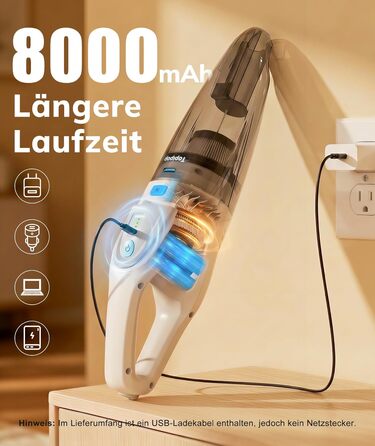 Акумуляторний пилосос Topipop Handstaubsauger 25000Pa з HEPA-фільтром для дому, авто, шерсті тварин (білий)