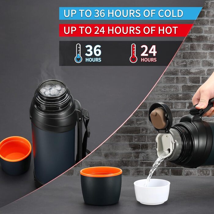 2.5L Thermos Flask/Thermos Jar, Stainless Steel Insulated Flask/Drinking Bottle, Insulated Flask with 2 Drinking Cups, Double-Walled Insulation Camping Water Bottle, 24h Hot & Cold (Dark Blue)