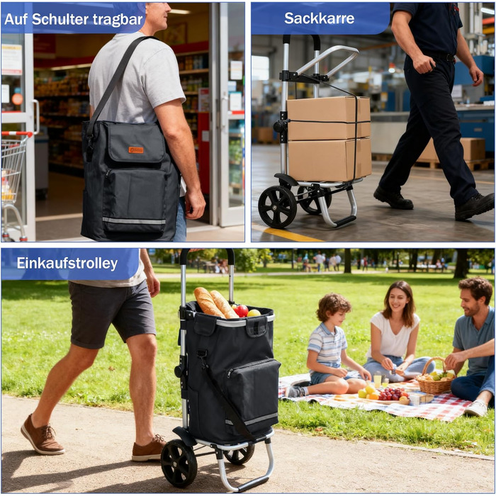 Складаний візок для покупок Sekey 60L з кулерним та відділенням для напоїв, 3-в-1, з регульованою ручкою, для покупок та кемпінгу, чорний