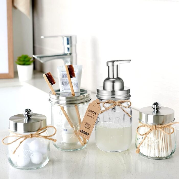 Mason Jar Bathroom Accessories Set, 4 Piece, Foaming Soap Dispenser & 2 Qtip Holders & Toothbrush Holder, Rustic Farmhouse Decor, Apothecary Glass, Countryside Countertop (Black) (Luxurious, Rustic, Brushed Nickel)