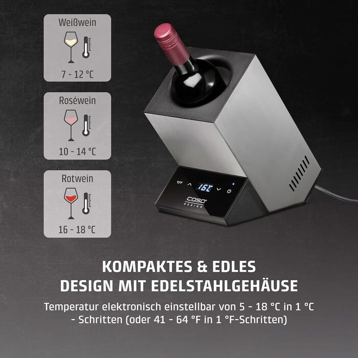 CASO WineCase One Black - Single Bottle Wine Cooler with Stainless Steel Housing