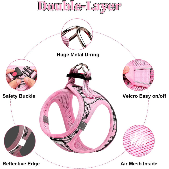 Шлейка для собак Suredoo для маленьких та середніх порід, антинатяжна, дихаюча, з повідком (рожевий в клітинку)