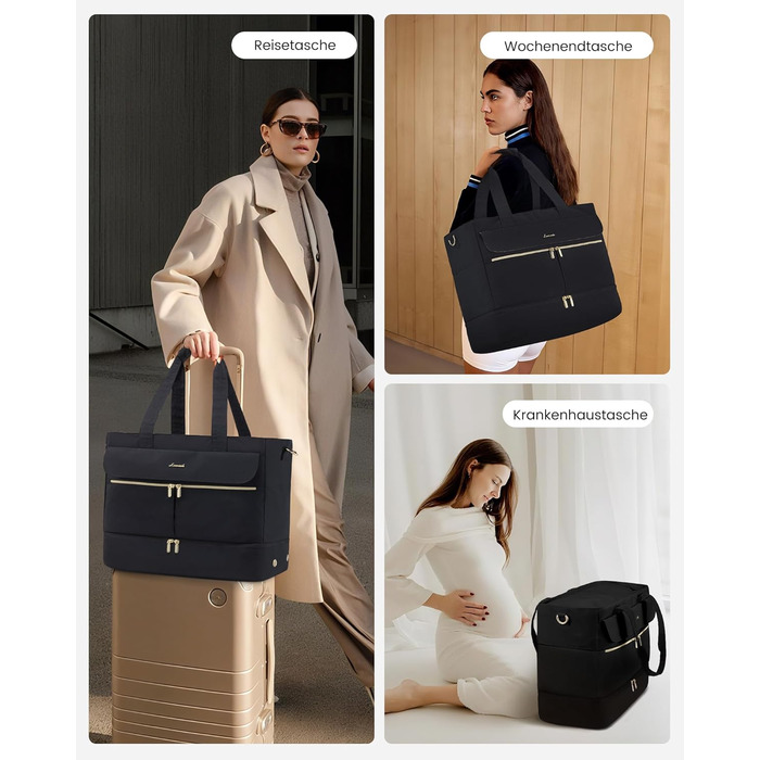 Сумка-валіза LOVEVOOK для жінок, 45L: велика валіза-рюкзак, сумка для подорожей, спортивна сумка, сумка для вихідної поїздки, клінічна сумка, сумка для пологового будинку, з косметичкою, відділенням для взуття та вологонепроникним відділенням, чорна