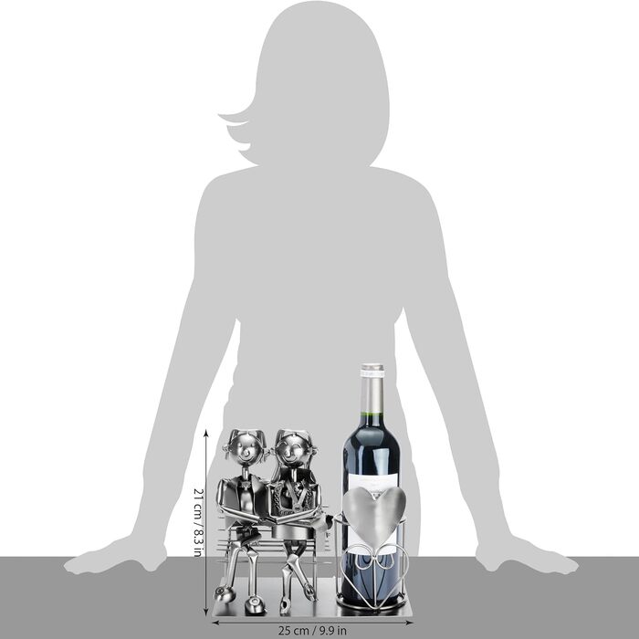 BRUBAKER Bottle Holder Men Loving Couple on Bench - Wine Bottle Holder Silver - Metal Bottle Stand Love - Metal Sculpture Gift for Married Couples with Gift Card (Woman + Man)