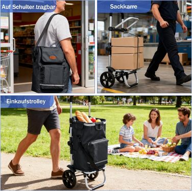 Складаний візок для покупок Sekey 60L з кулерним та відділенням для напоїв, 3-в-1, з регульованою ручкою, для покупок та кемпінгу, чорний