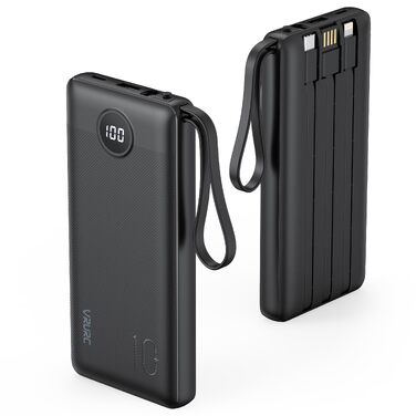 Повербанк VRURC 10000 mAh з 4 вбудованими кабелями, тонкий портативний зовнішній акумулятор (чорний)