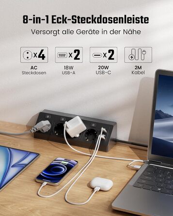 Розетка кутова ONLYWIN з 2 USB та 2 Type-C, 16A/3840W, настінний монтаж, 2м кабель, для офісу, кухні та вітальні, білий (чорний)