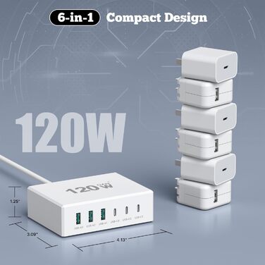 Зарядний пристрій USB-C 120W GaN, 6 портів, для iPhone/Samsung/Google/планшетів, білий