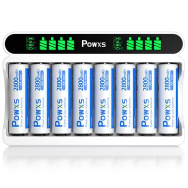 Зарядний пристрій POWXS для акумуляторів Ni-MH/Ni-Cd AA/AAA, 8 слотів, LCD-дисплей, USB/Type-C