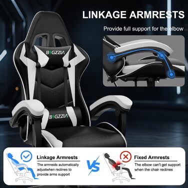 Геймерське крісло Bigzzia Ergonomisch з підтримкою попереку та голови, Bluetooth, чорно-біле, регульована висота, для підлітків та дорослих