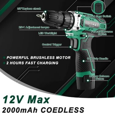 Набір інструментів TLGREEN 138 шт. з акумуляторною дриль-шуруповертом 12V для ремонту та DIY, електроінструмент