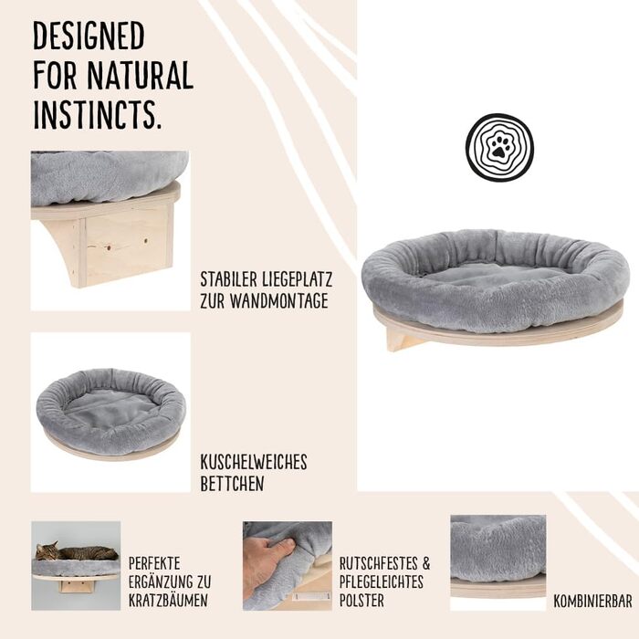 Крісло-лежанка для котів Natural Paradise Dahlia | Кругле ліжко з м'яким бортиком та клямками | Крізьбалка на стіну | Ø 48 см (Світло-сірий)