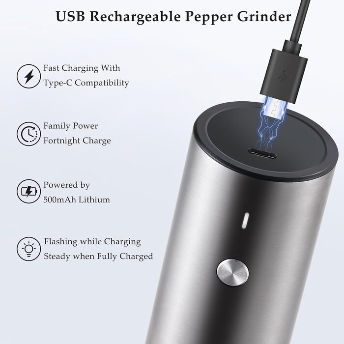 TLYSXPRO Electric Salt and Pepper Grinder Set of 2, USB Rechargeable, Adjustable Coarseness Spice Grinder, Electric Pepper Grinder with LED Light, Cleaning Brush, Kitchen Appliances, Stainless Steel