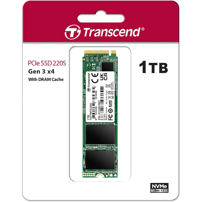 SSD накопичувач Transcend 1TB MTS220S NVMe PCIe Gen3 x4 M.2 2280 з DRAM Cache