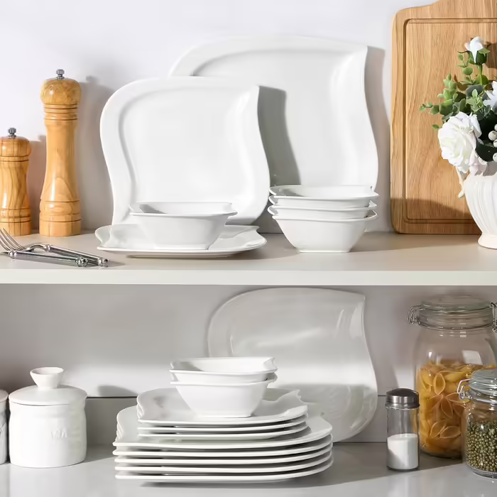 MALACASA, Elvira Series, 18-Piece Cream White Porcelain Dinnerware Set Table Service Combination Service with 6 Dinner Plates, 6 Dessert Plates, 6 Cereal Bowls each, Dinnerware Set for 6 People Elvira - Cream White 18 Pieces