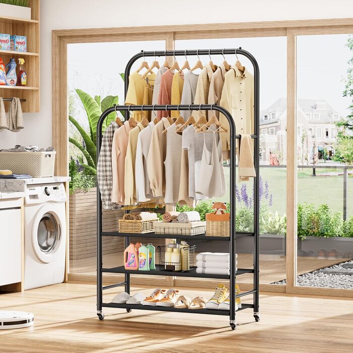 Вішалка для одягу HOMIDEC з 3 полицями, подвійна штанга на колесах, металевий каркас, чорна. Макс. навантаження 80 кг