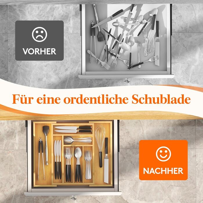 Органайзер для столових приборів Lifewit в шухляду, бамбуковий, 38 см (27-46 см) - розсувний лоток для кухні