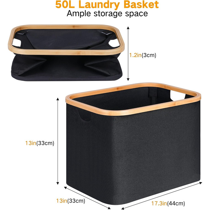 Efluky Foldable Laundry Basket 50L, Bamboo Fabric Foldable Storage Basket, Collapsible Storage Basket, Laundry Baskets for Bedroom Bathroom (Black)