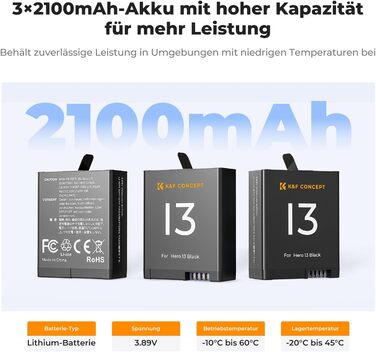 Акумулятор K&F Concept Hero 13 для GoPro 13 Black 2100mAh + LED Зарядний пристрій (3 слоти, органайзер)