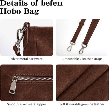 Жіноча сумка-шопер Befen з натуральної шкіри, м'яка сумка-хобо через плече, середній розмір з 2 ремінцями - класична елегантна (Коричнева замша)