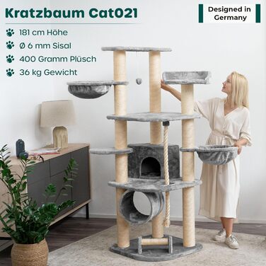 Кігтеточка для котів HAPPYPET 181 см - стабільний кімнатний комплекс з будинком, тунелем та ігровим майданчиком, сірий